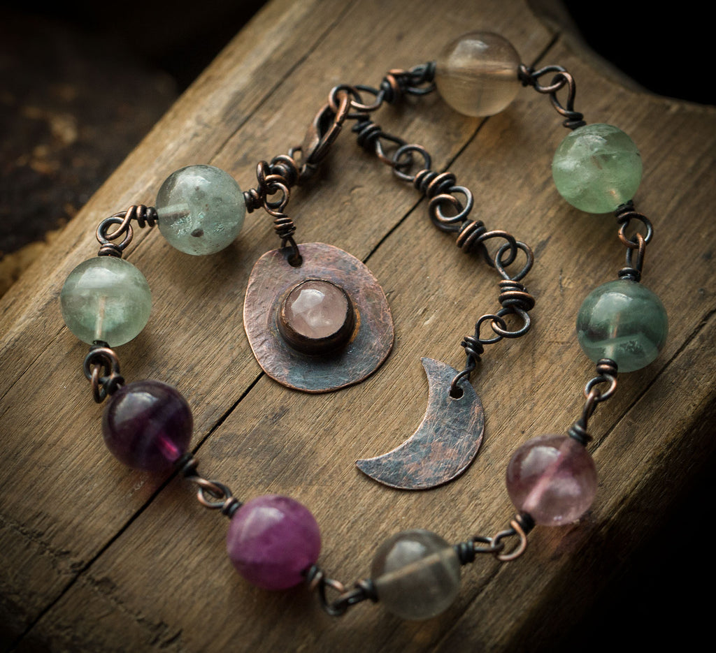 Księżycowa bransoletka z fluorytem i różowym kwarcem