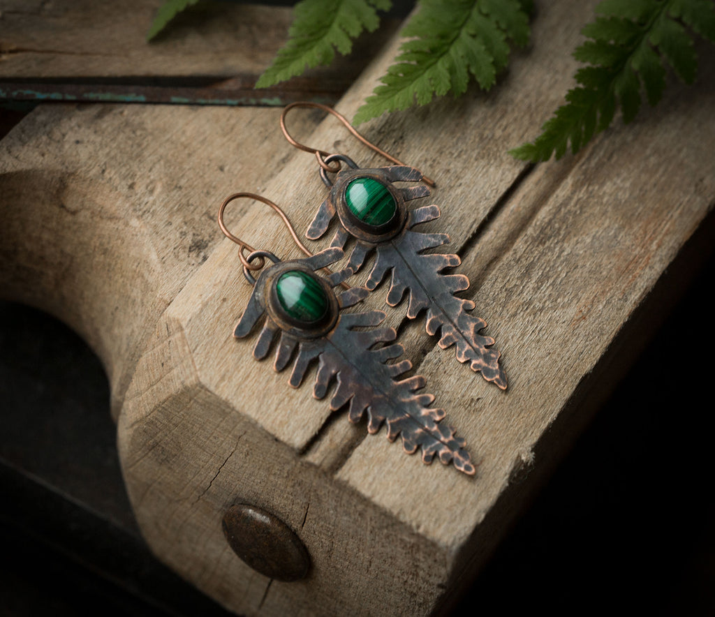 Kolczyki paprocie z malachitem