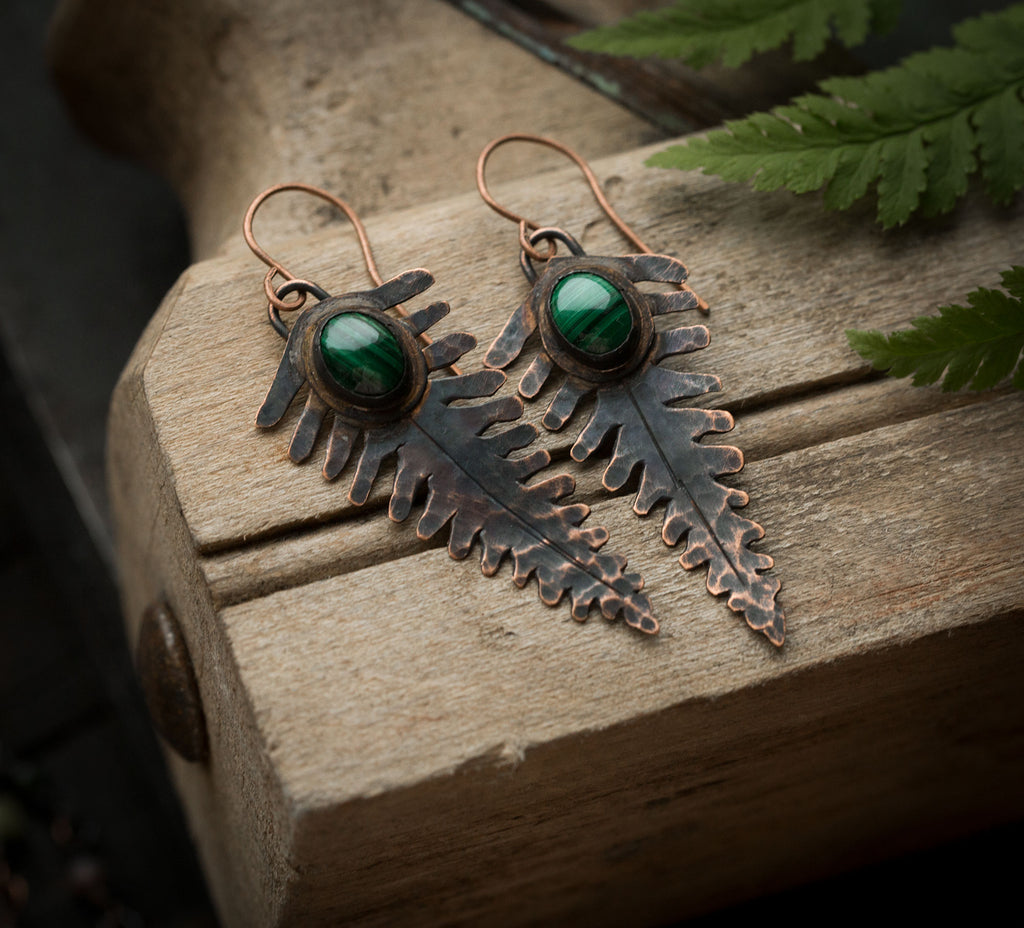 Kolczyki paprocie z malachitem