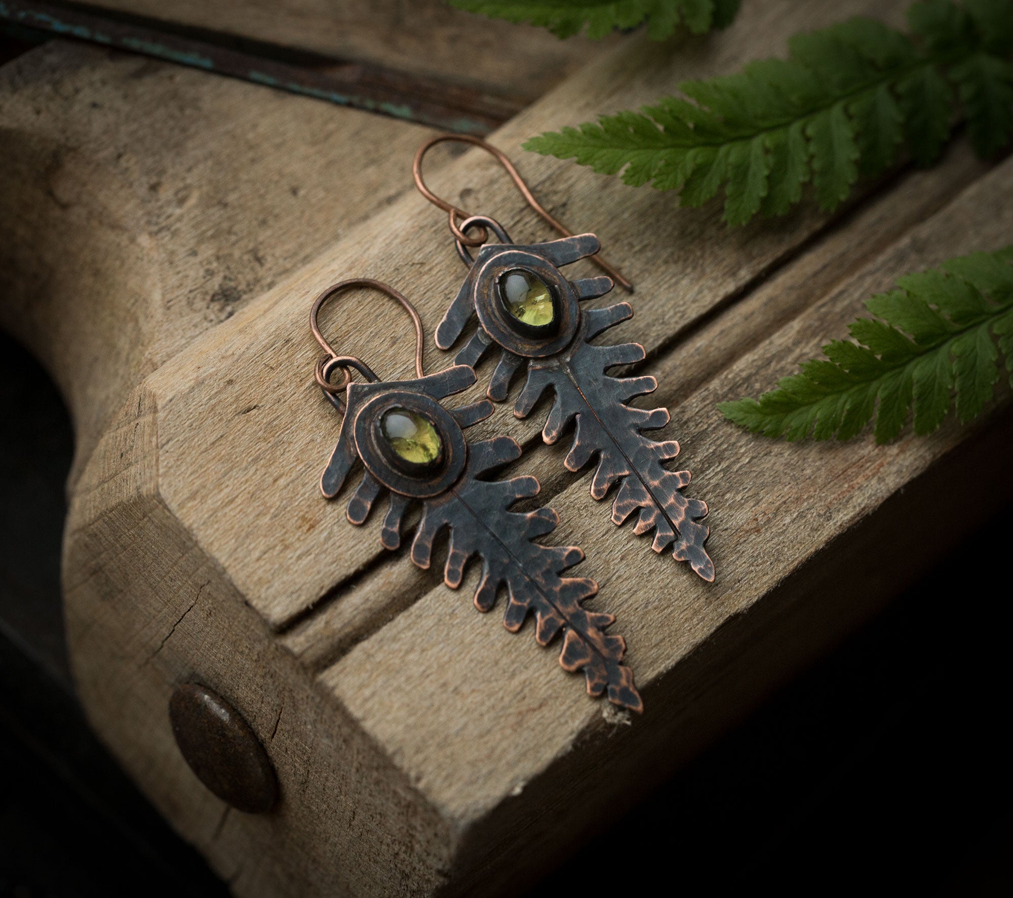 Kolczyki paprocie z perydotem i bransoletka perydot+agat indyjski