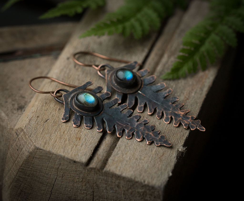 Kolczyki paprocie z turkusowym labradorytem