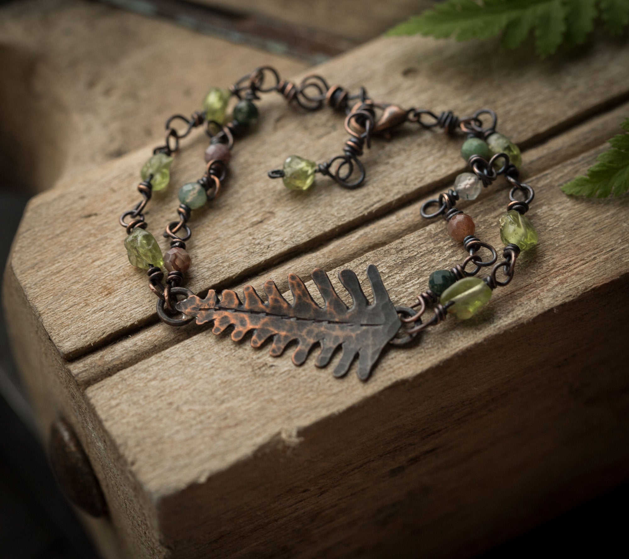 Kolczyki paprocie z perydotem i bransoletka perydot+agat indyjski