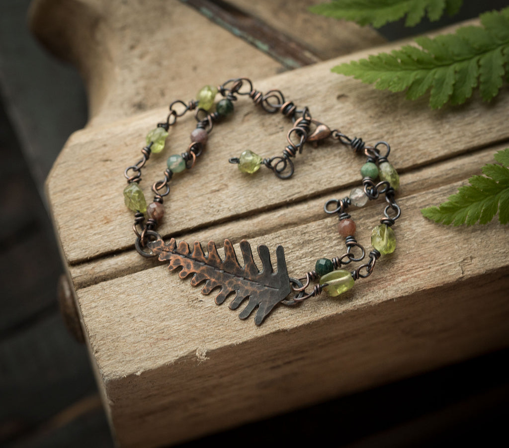 Kolczyki paprocie z perydotem i bransoletka perydot+agat indyjski