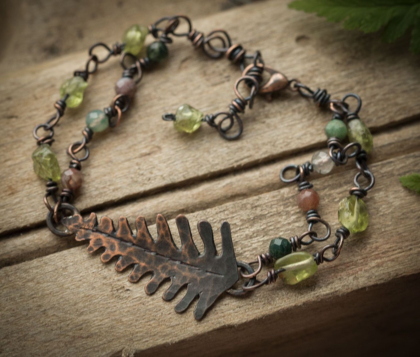 Kolczyki paprocie z perydotem i bransoletka perydot+agat indyjski