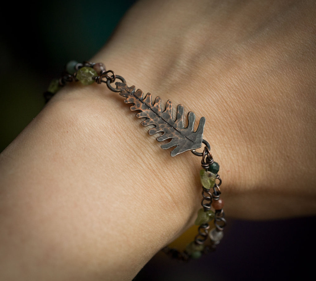 Kolczyki paprocie z perydotem i bransoletka perydot+agat indyjski