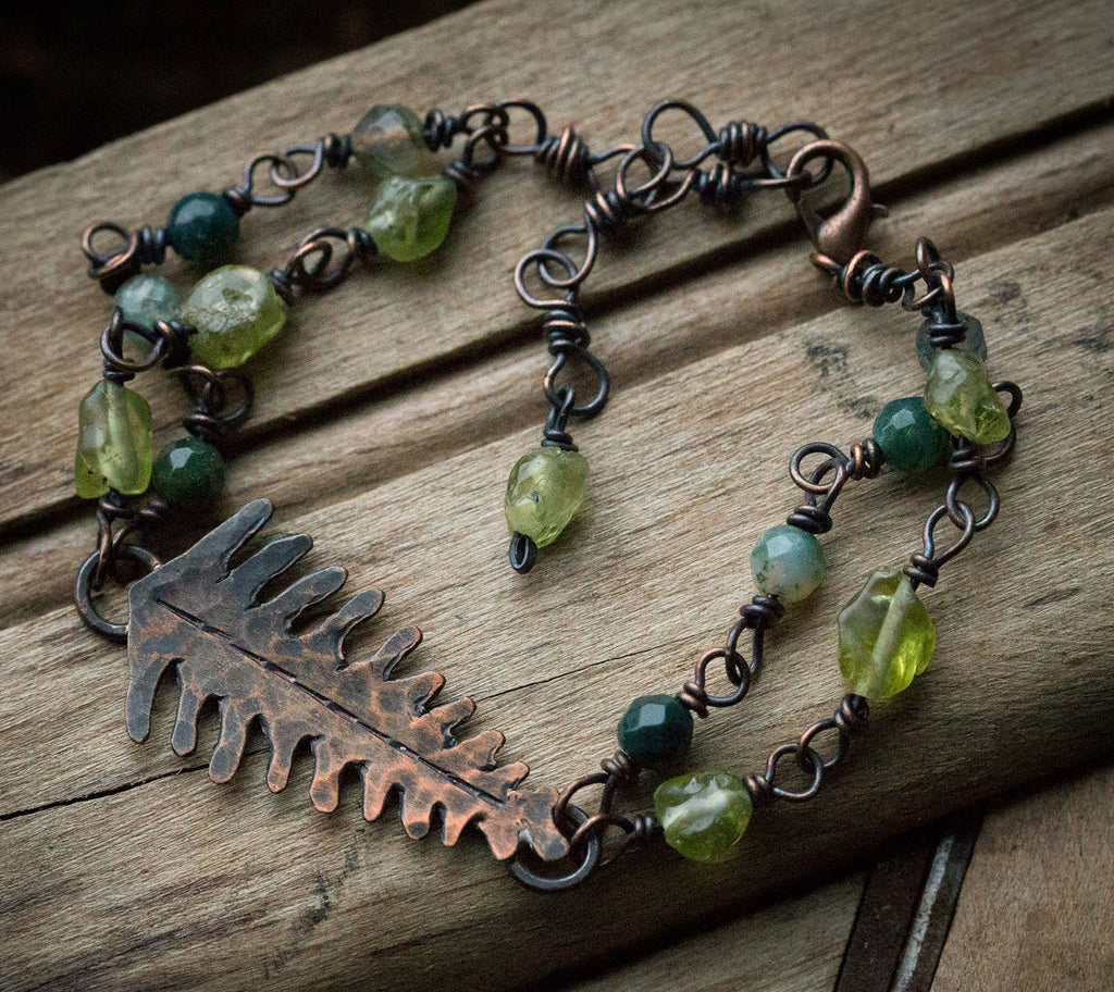 Bransoletka z paprocią, perydotem i agatem mszystym