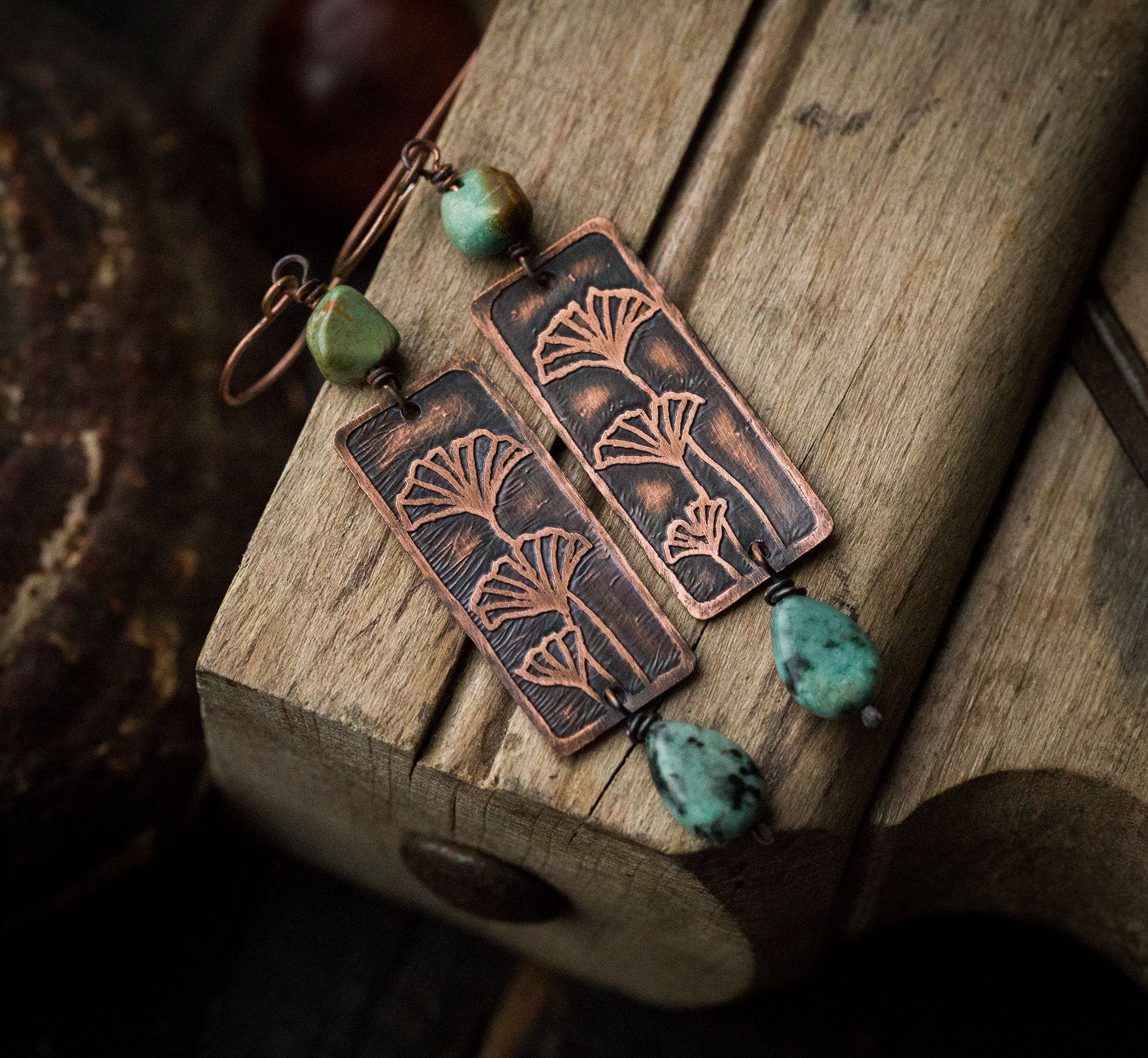 Kolczyki z miłorzębem i turkusem, kolczyki ginko biloba