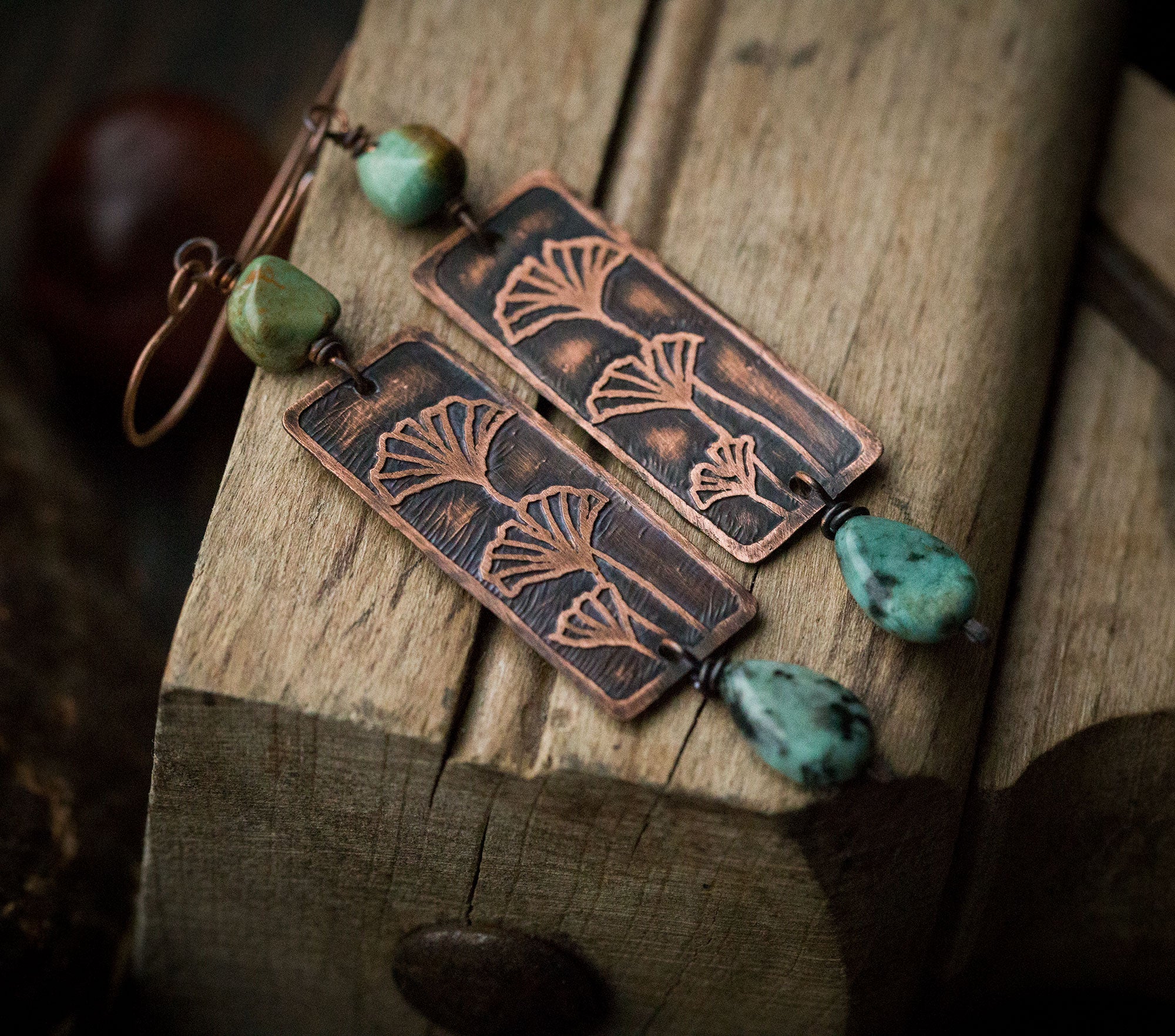 Kolczyki z miłorzębem i turkusem, kolczyki ginko biloba