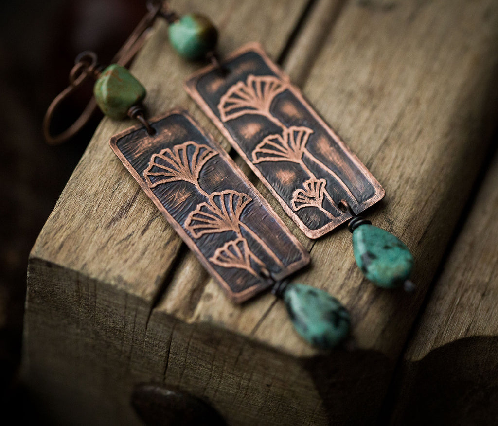 Kolczyki z miłorzębem i turkusem, kolczyki ginko biloba