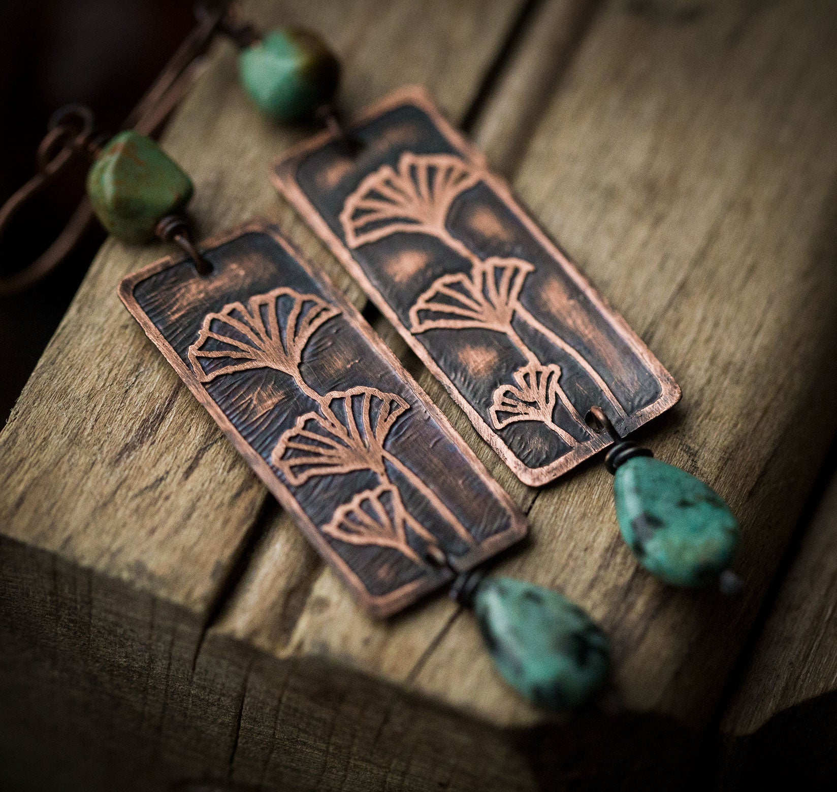 Kolczyki z miłorzębem i turkusem, kolczyki ginko biloba