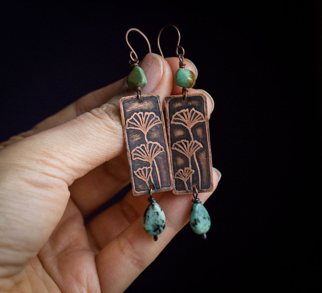 Kolczyki z miłorzębem i turkusem, kolczyki ginko biloba