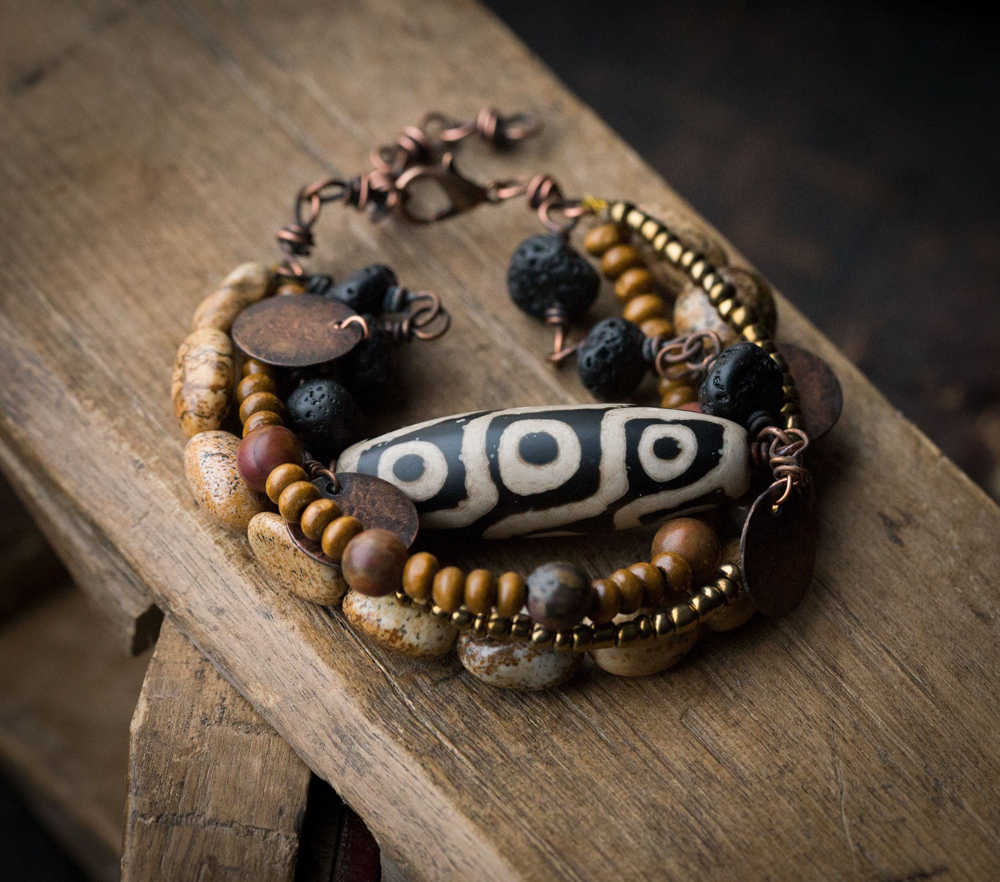 Bransoletka etniczna w kolorach ziemi, bransoletka handmade z jaspisem i drewnem