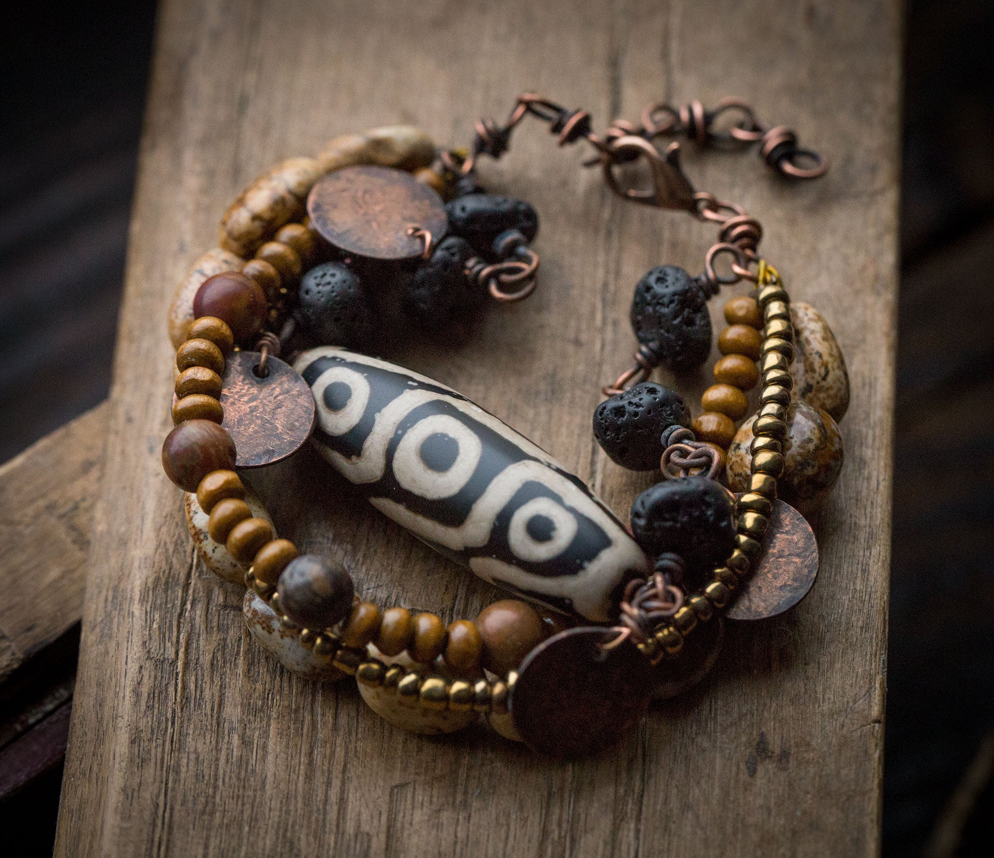 Bransoletka etniczna w kolorach ziemi, bransoletka handmade z jaspisem i drewnem