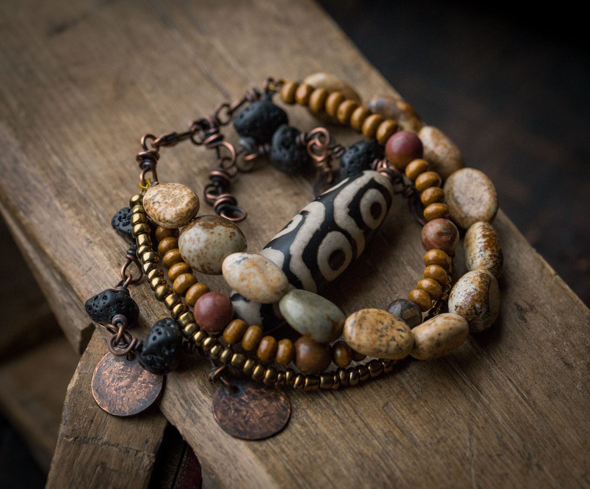 Bransoletka etniczna w kolorach ziemi, bransoletka handmade z jaspisem i drewnem