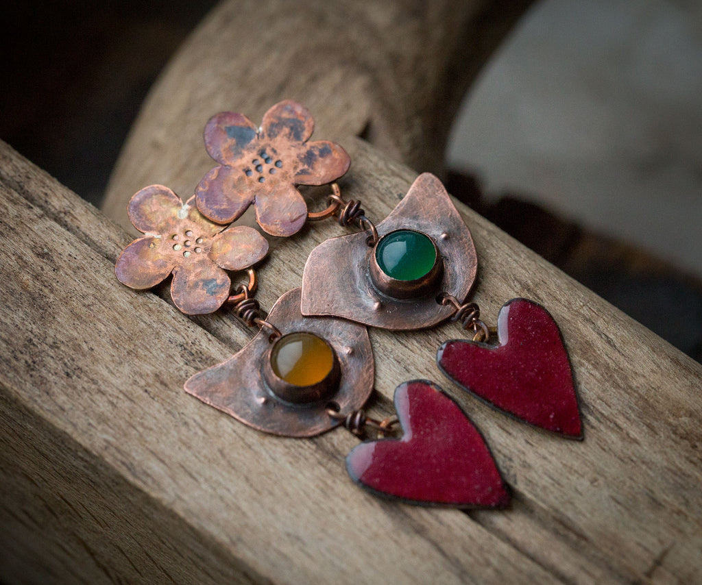 Kolczyki na sztyft kwiatki, ptaszki, serca; kolczyki z agatem