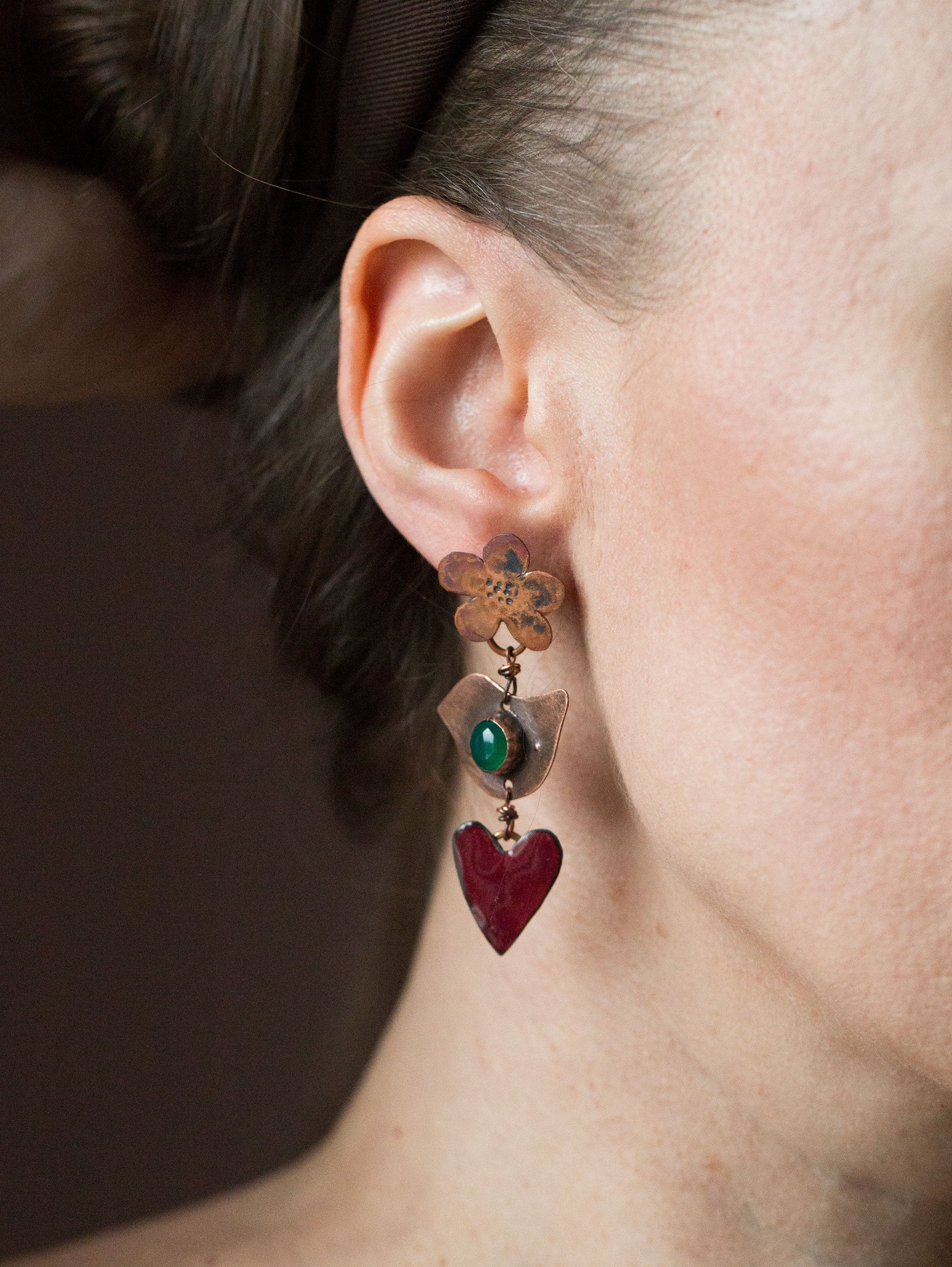 Kolczyki na sztyft kwiatki, ptaszki, serca; kolczyki z agatem