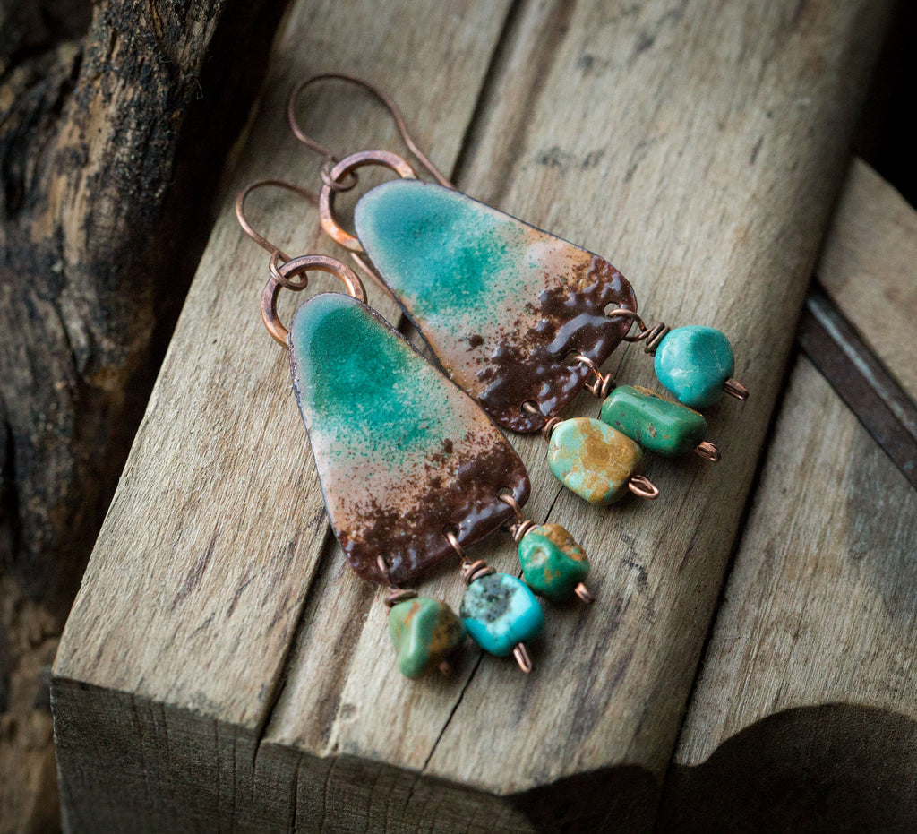 Kolczyki etniczne emaliowane z turkusem