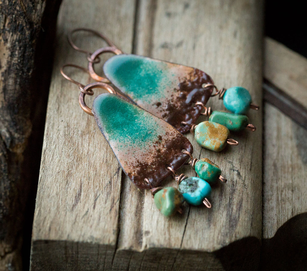 Kolczyki etniczne emaliowane z turkusem
