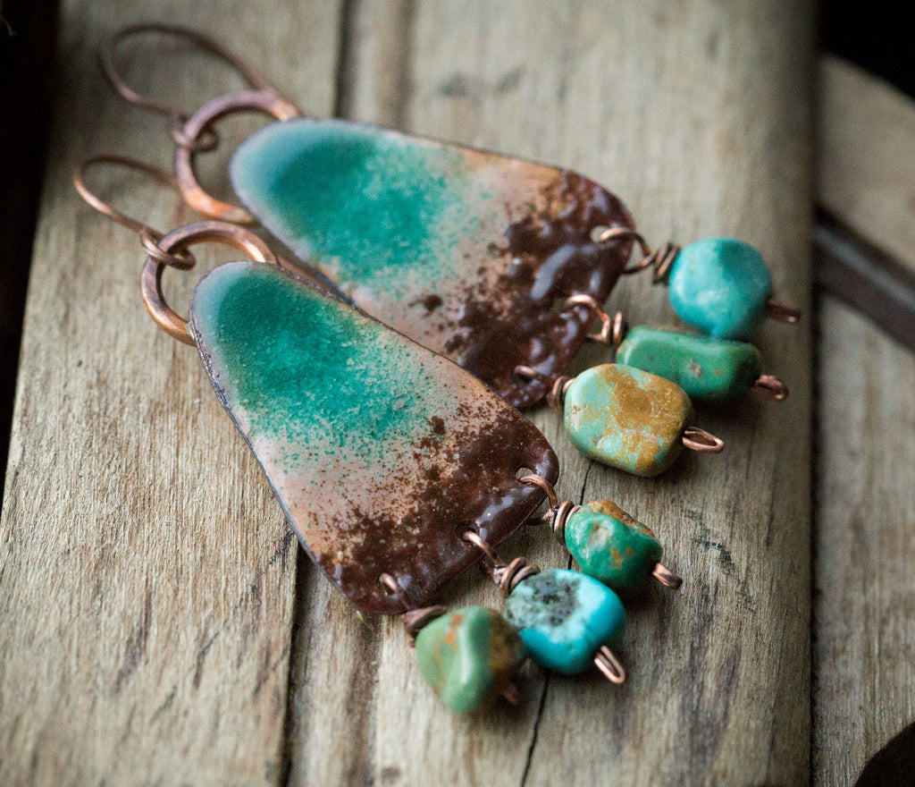 Kolczyki etniczne emaliowane z turkusem