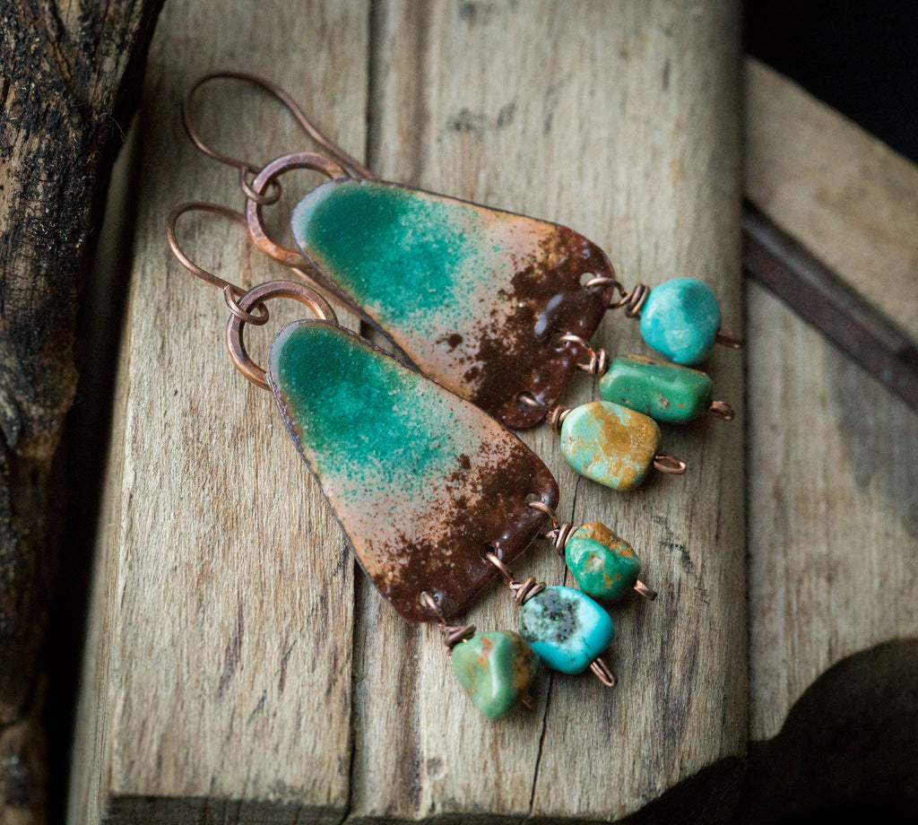 Kolczyki etniczne emaliowane z turkusem