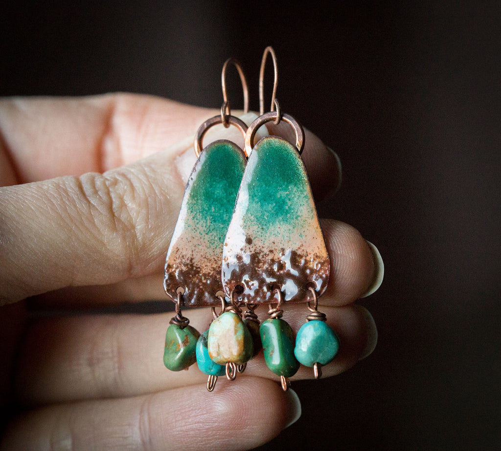 Kolczyki etniczne emaliowane z turkusem