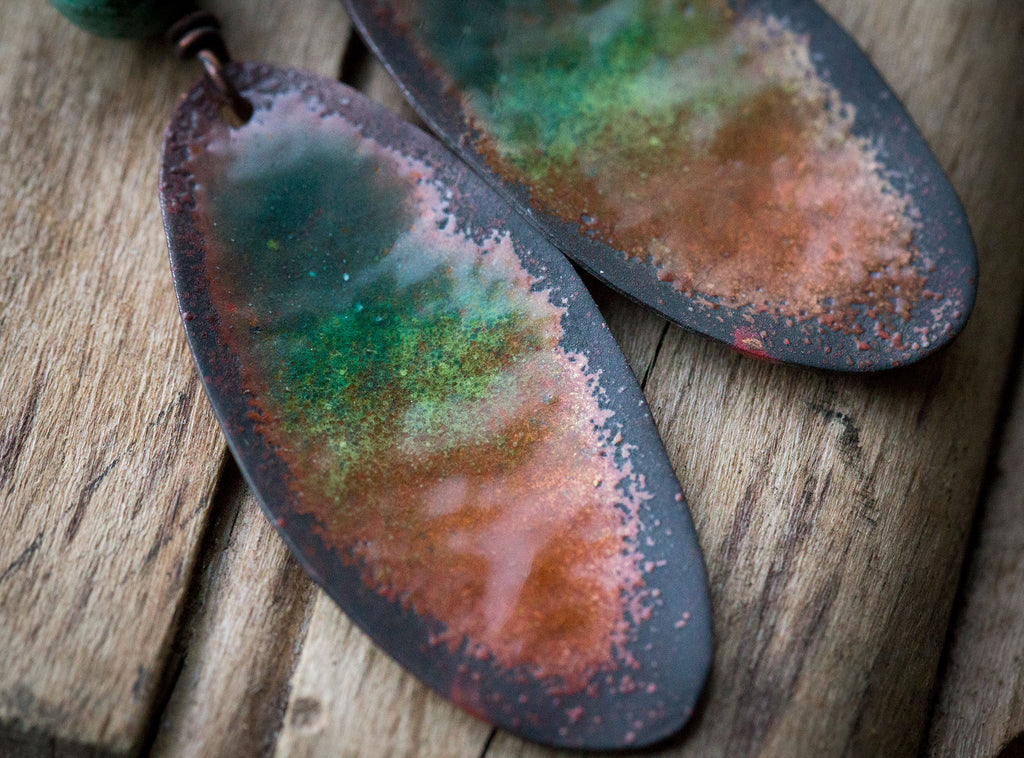 Kolczyki z zielono-złotą emalią i turkusem