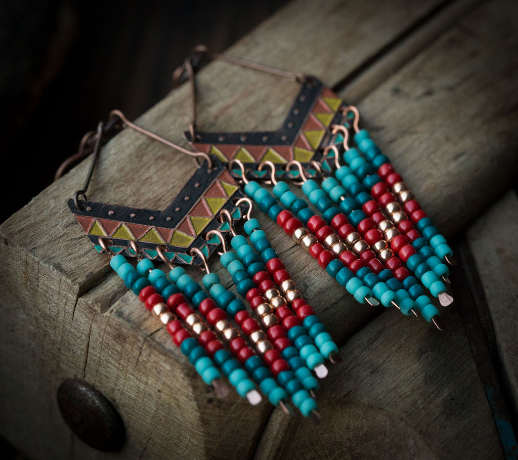 Kolczyki etniczne z koralikami, multikolor